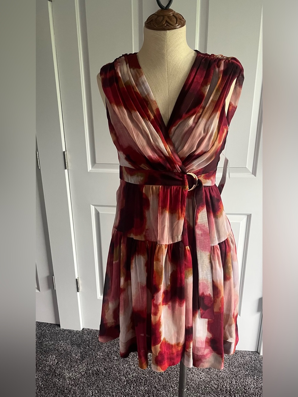 Taylor Sleeveless V-Neck Midi Dress in Burgundy and Blush Watercolor